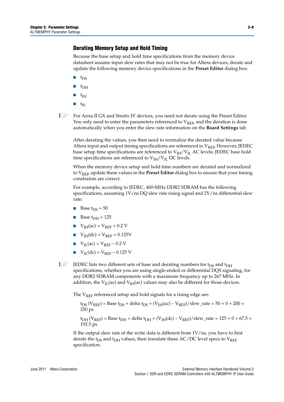 Derating memory setup and hold timing, Derating memory setup and hold timing –9, Derating memory | C) max. refer to, Derating memory setup and hold, Derating memory setup and | Altera DDR SDRAM High-Performance Controllers and ALTMEMPHY IP User Manual | Page 35 / 140