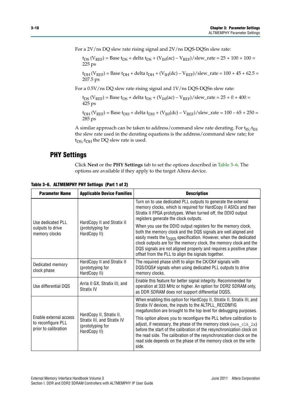 Phy settings, Phy settings –10 | Altera DDR SDRAM High-Performance Controllers and ALTMEMPHY IP User Manual | Page 36 / 140