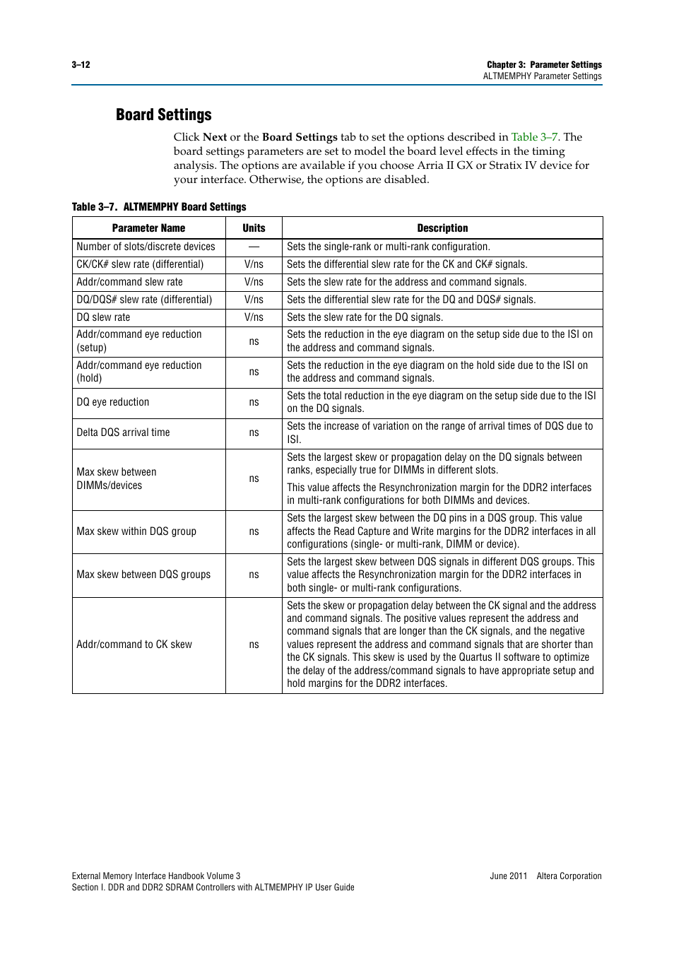 Board settings, Board settings –12 | Altera DDR SDRAM High-Performance Controllers and ALTMEMPHY IP User Manual | Page 38 / 140