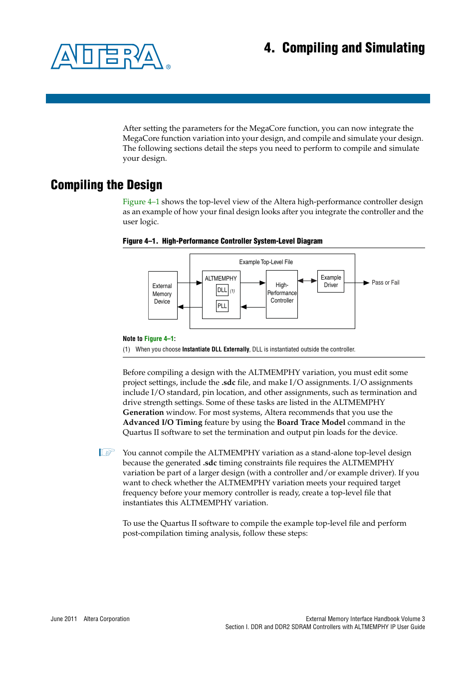 Compiling and simulating, Compiling the design, Chapter 4. compiling and simulating | Compiling the design –1, R to | Altera DDR SDRAM High-Performance Controllers and ALTMEMPHY IP User Manual | Page 43 / 140