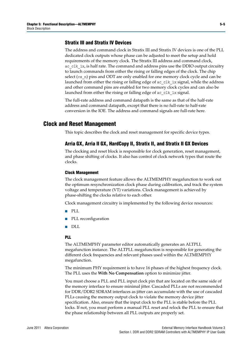 Stratix iii and stratix iv devices, Clock and reset management, Stratix iii and stratix iv devices –5 | Clock and reset management –5 | Altera DDR SDRAM High-Performance Controllers and ALTMEMPHY IP User Manual | Page 51 / 140