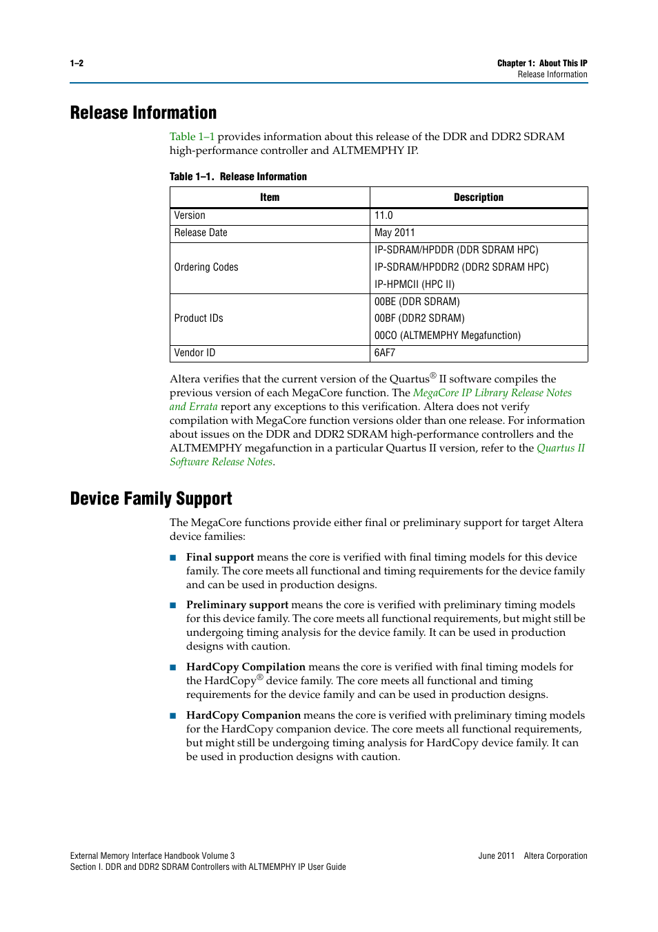 Release information, Device family support, Release information –2 device family support –2 | Altera DDR SDRAM High-Performance Controllers and ALTMEMPHY IP User Manual | Page 8 / 140