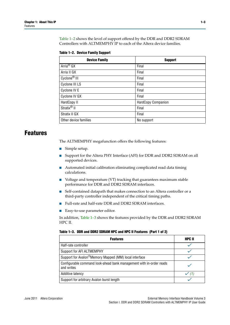 Features, Features –3 | Altera DDR SDRAM High-Performance Controllers and ALTMEMPHY IP User Manual | Page 9 / 140