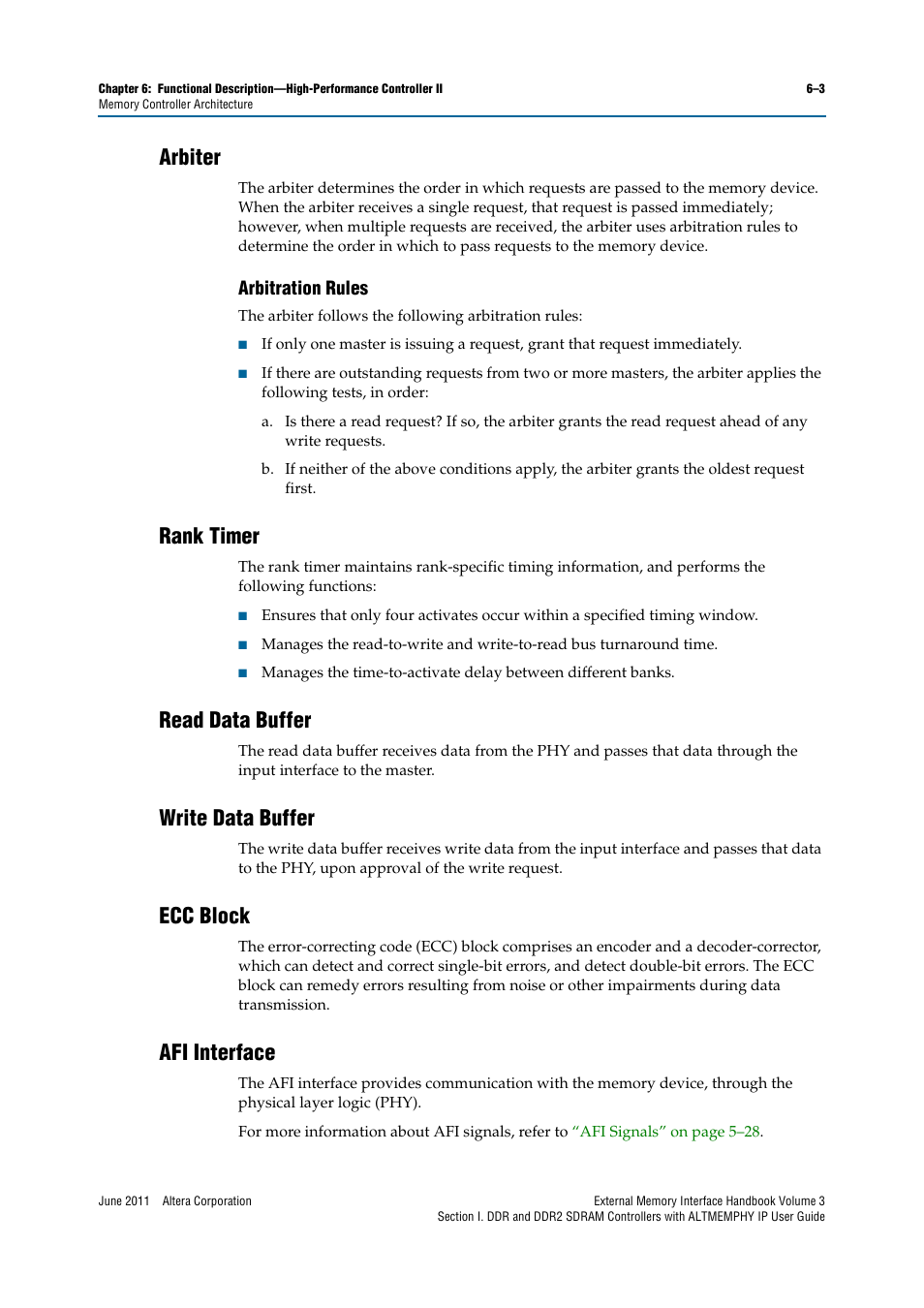 Arbiter, Arbitration rules, Rank timer | Read data buffer, Write data buffer, Ecc block, Afi interface, Arbiter –3, Arbitration rules –3 | Altera DDR SDRAM High-Performance Controllers and ALTMEMPHY IP User Manual | Page 97 / 140