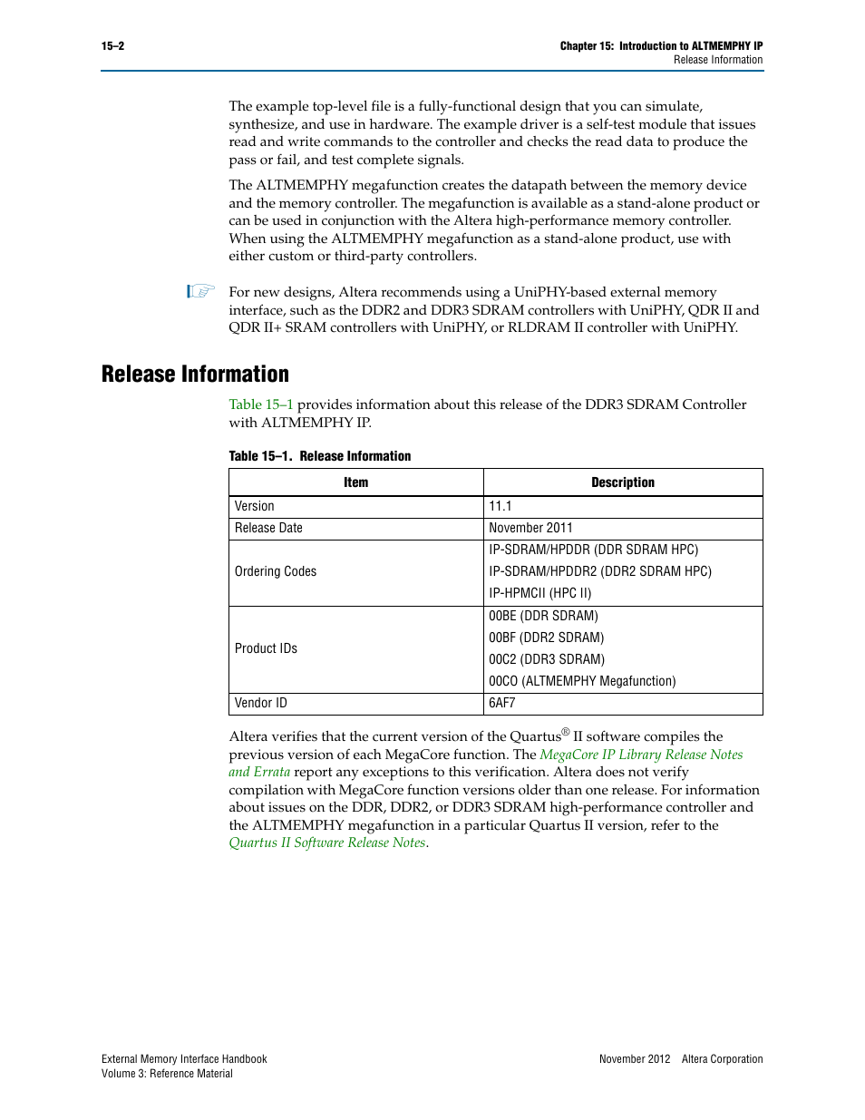 Release information | Altera DDR3 SDRAM High-Performance Controller and ALTMEMPHY IP User Manual | Page 2 / 10