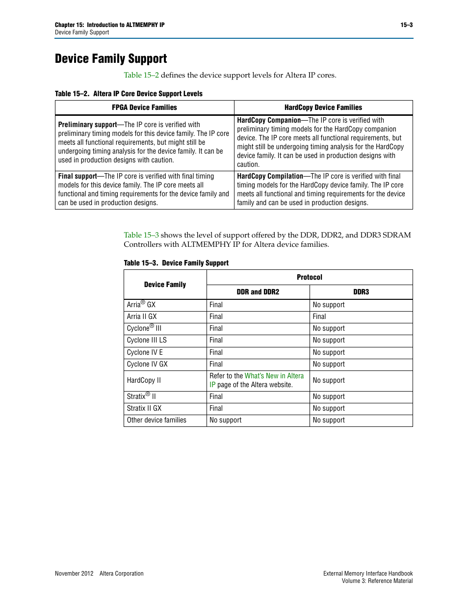 Device family support | Altera DDR3 SDRAM High-Performance Controller and ALTMEMPHY IP User Manual | Page 3 / 10