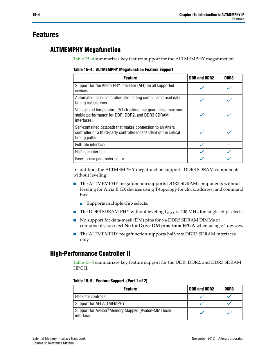 Features, Altmemphy megafunction, High-performance controller ii | Altera DDR3 SDRAM High-Performance Controller and ALTMEMPHY IP User Manual | Page 4 / 10