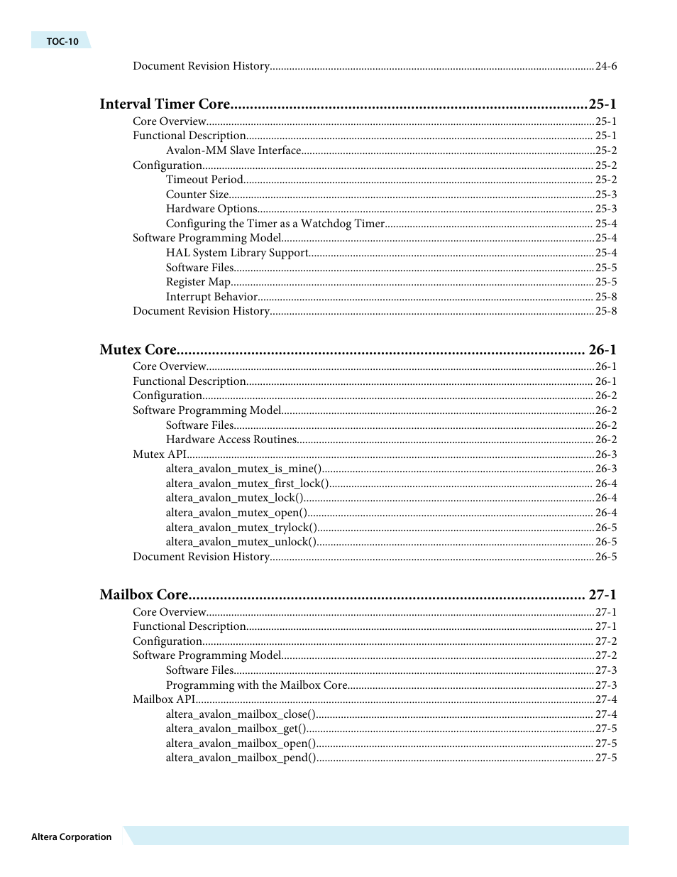 Interval timer core -1, Mutex core -1, Mailbox core -1 | Altera Embedded Peripherals IP User Manual | Page 10 / 336
