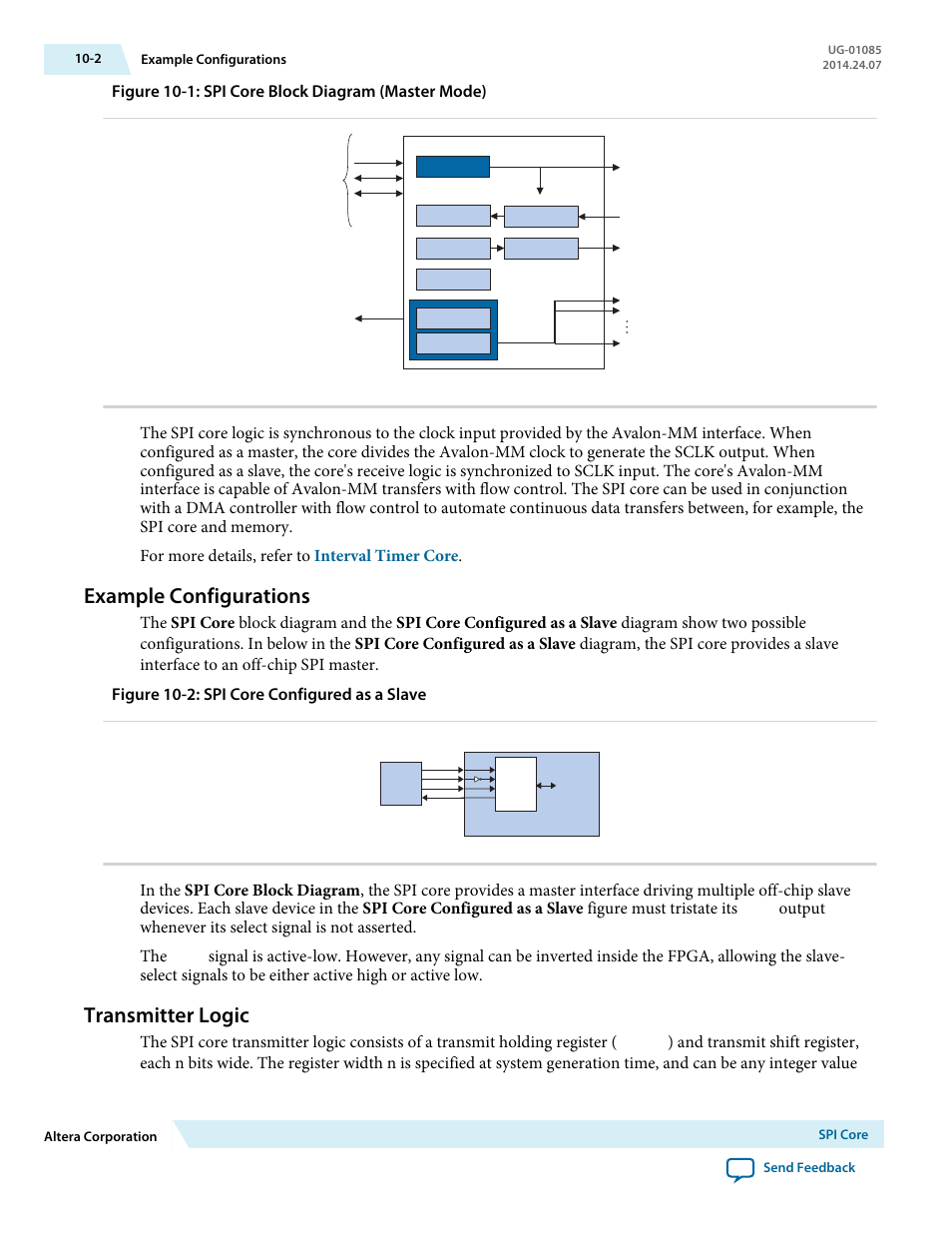 Example configurations, Transmitter logic, Example configurations -2 | Transmitter logic -2, Figure 10-1: spi core block diagram (master mode) | Altera Embedded Peripherals IP User Manual | Page 108 / 336