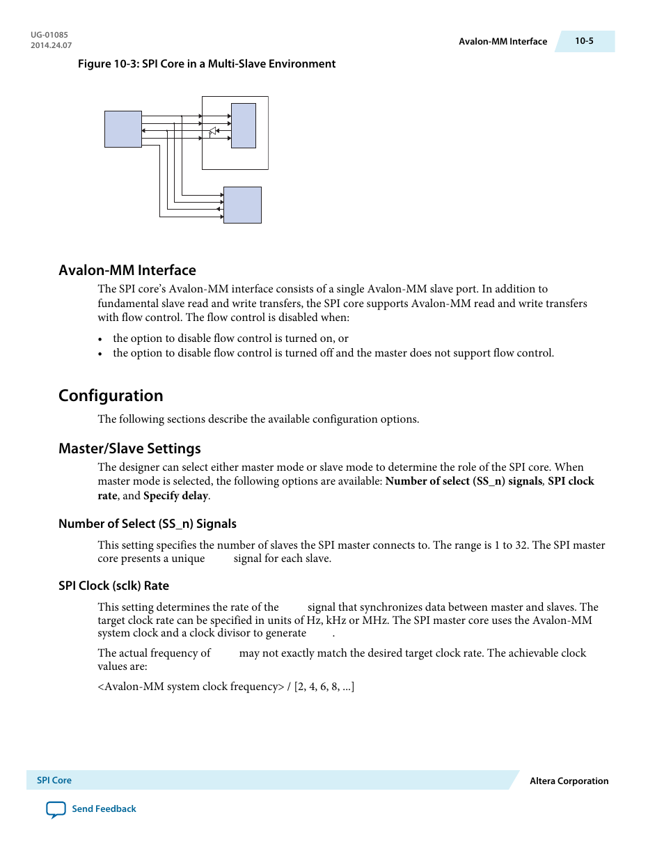 Avalon-mm interface, Configuration, Master/slave settings | Number of select (ss_n) signals, Spi clock (sclk) rate, Avalon-mm interface -5, Configuration -5, Master/slave settings -5 | Altera Embedded Peripherals IP User Manual | Page 111 / 336