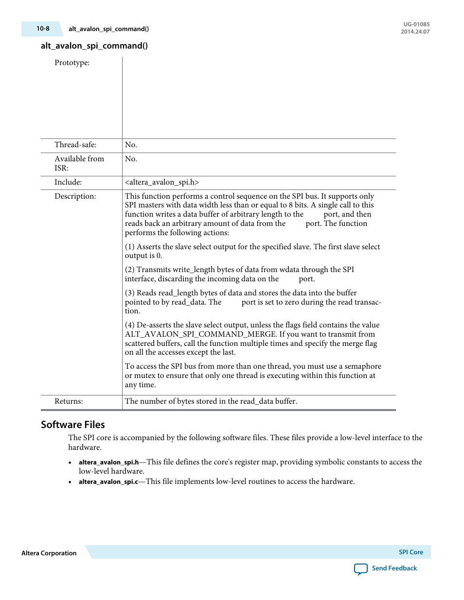 Alt_avalon_spi_command(), Software files, Software files -8 | Altera Embedded Peripherals IP User Manual | Page 114 / 336