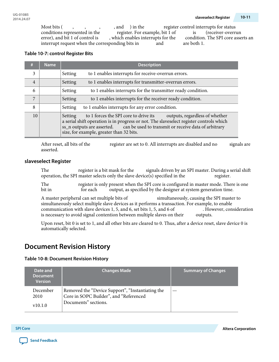 Slaveselect register, Document revision history, Document revision history -11 | Altera Embedded Peripherals IP User Manual | Page 117 / 336
