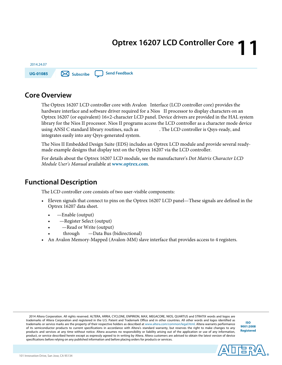 Optrex 16207 lcd controller core, Core overview, Functional description | Optrex 16207 lcd controller core -1, Core overview -1, Functional description -1 | Altera Embedded Peripherals IP User Manual | Page 119 / 336