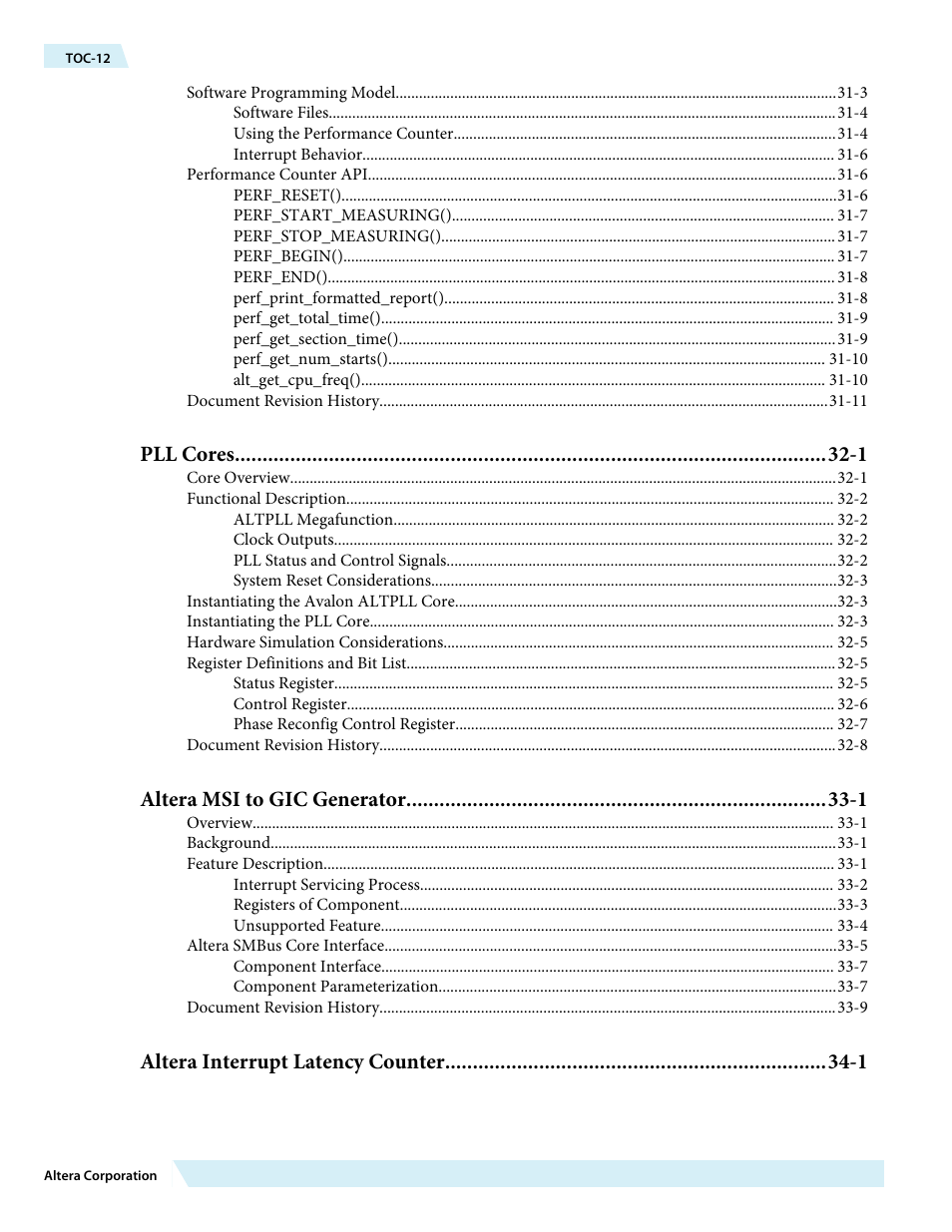 Pll cores -1, Altera msi to gic generator -1, Altera interrupt latency counter -1 | Altera Embedded Peripherals IP User Manual | Page 12 / 336