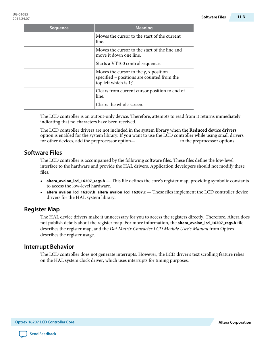 Software files, Register map, Interrupt behavior | Software files -3, Register map -3, Interrupt behavior -3 | Altera Embedded Peripherals IP User Manual | Page 121 / 336