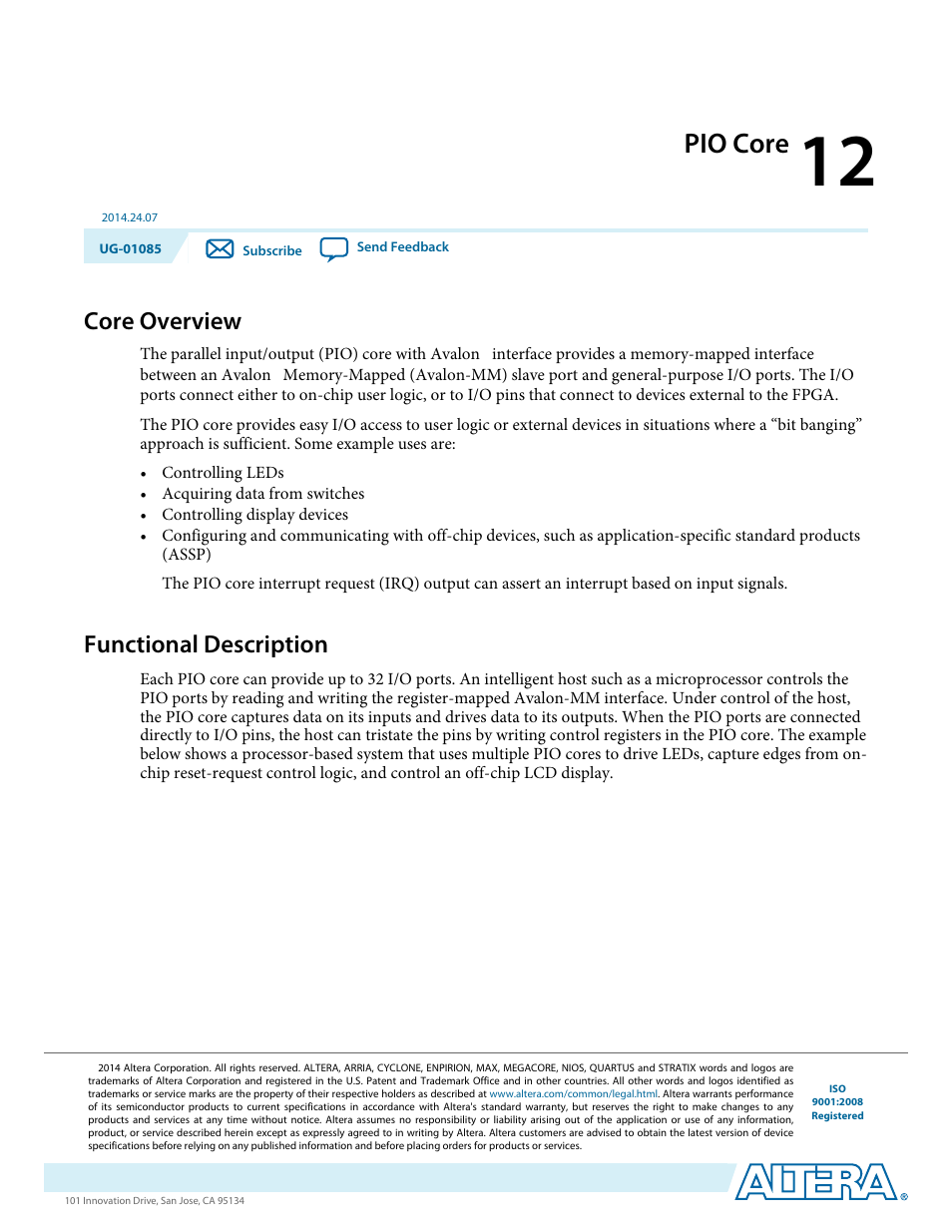 Pio core, Core overview, Functional description | Pio core -1, Core overview -1, Functional description -1 | Altera Embedded Peripherals IP User Manual | Page 123 / 336