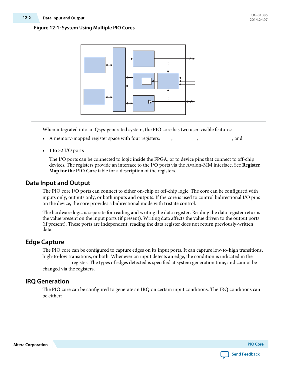 Data input and output, Edge capture, Irq generation | Data input and output -2, Edge capture -2, Irq generation -2, Figure 12-1: system using multiple pio cores | Altera Embedded Peripherals IP User Manual | Page 124 / 336