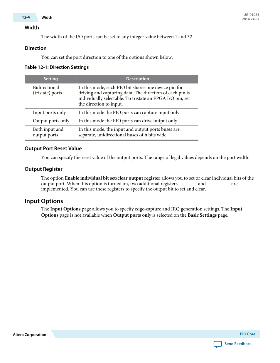 Width, Direction, Output port reset value | Output register, Input options, Input options -4 | Altera Embedded Peripherals IP User Manual | Page 126 / 336