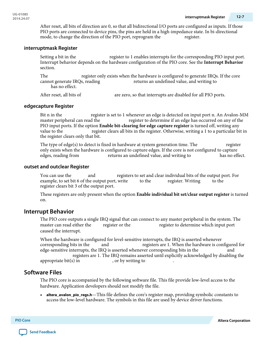 Interruptmask register, Edgecapture register, Outset and outclear register | Interrupt behavior, Software files, Interrupt behavior -7, Software files -7 | Altera Embedded Peripherals IP User Manual | Page 129 / 336