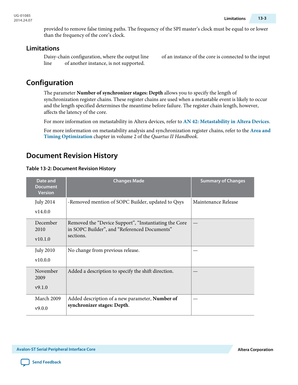 Limitations, Configuration, Document revision history | Limitations -3, Configuration -3, Document revision history -3 | Altera Embedded Peripherals IP User Manual | Page 133 / 336