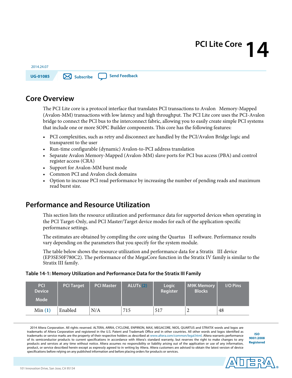 Pci lite core, Core overview, Performance and resource utilization | Pci lite core -1, Core overview -1, Performance and resource utilization -1 | Altera Embedded Peripherals IP User Manual | Page 135 / 336