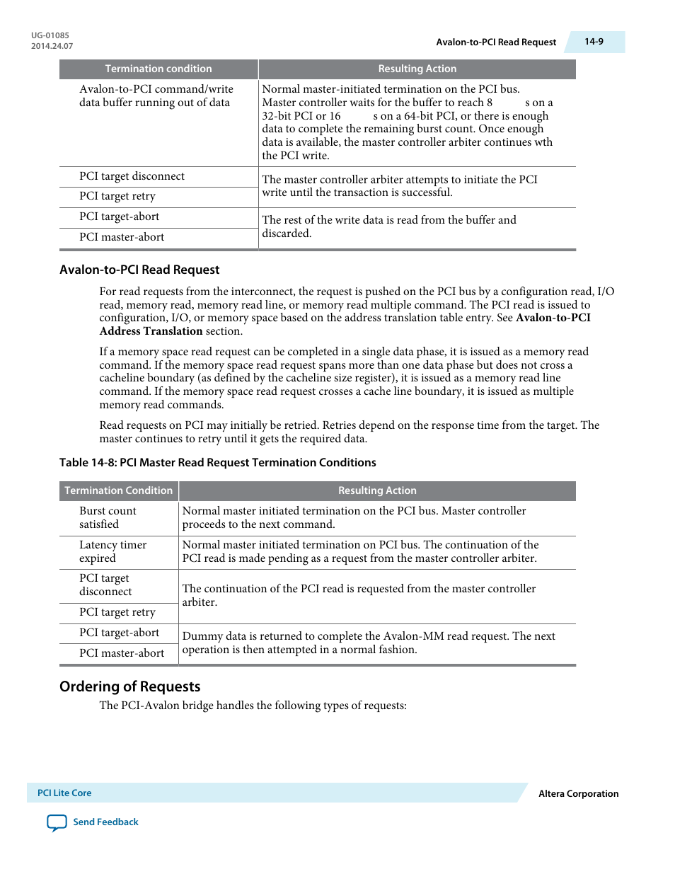 Avalon-to-pci read request, Ordering of requests, Ordering of requests -9 | Altera Embedded Peripherals IP User Manual | Page 143 / 336