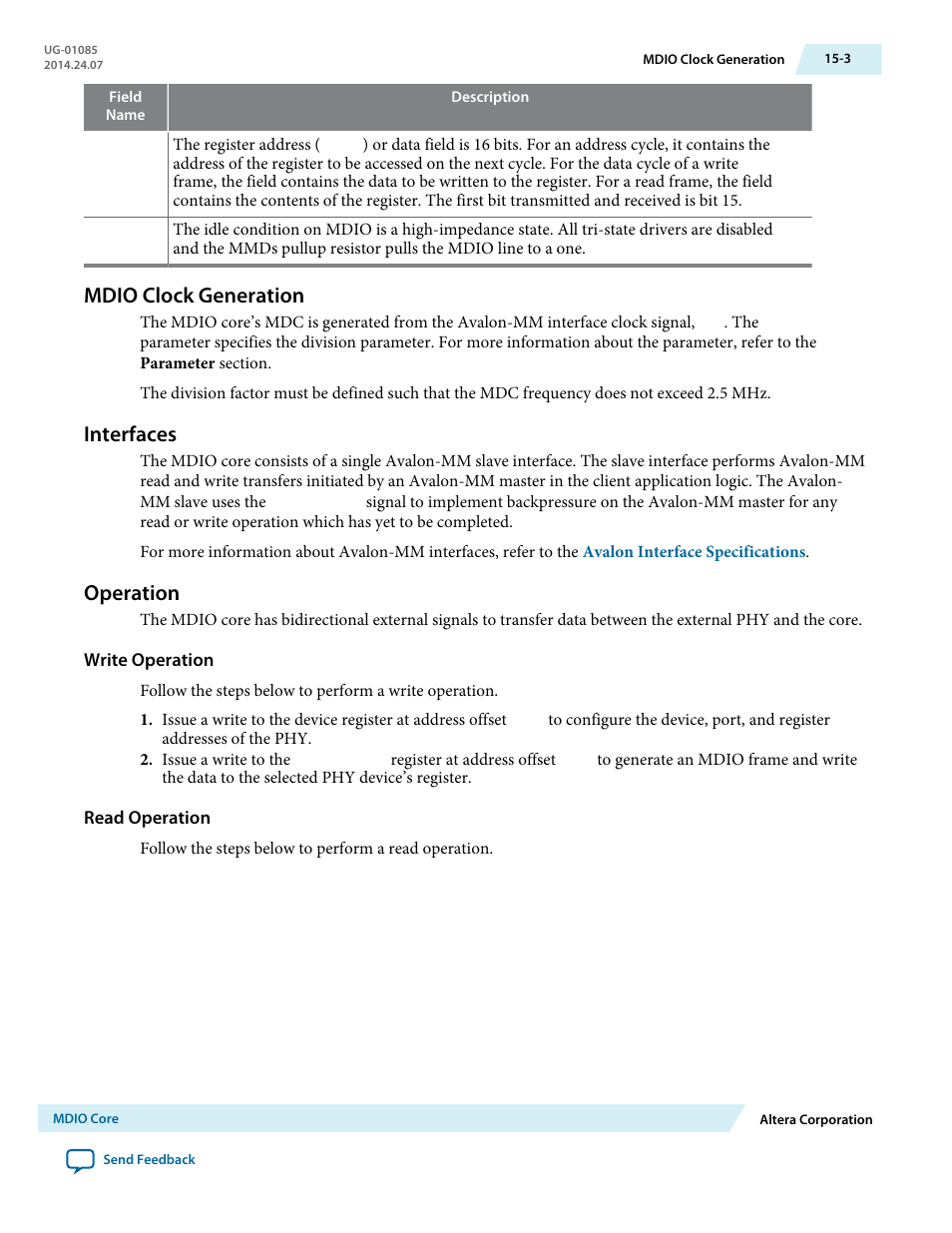 Mdio clock generation, Interfaces, Operation | Write operation, Read operation, Mdio clock generation -3, Interfaces -3, Operation -3 | Altera Embedded Peripherals IP User Manual | Page 153 / 336