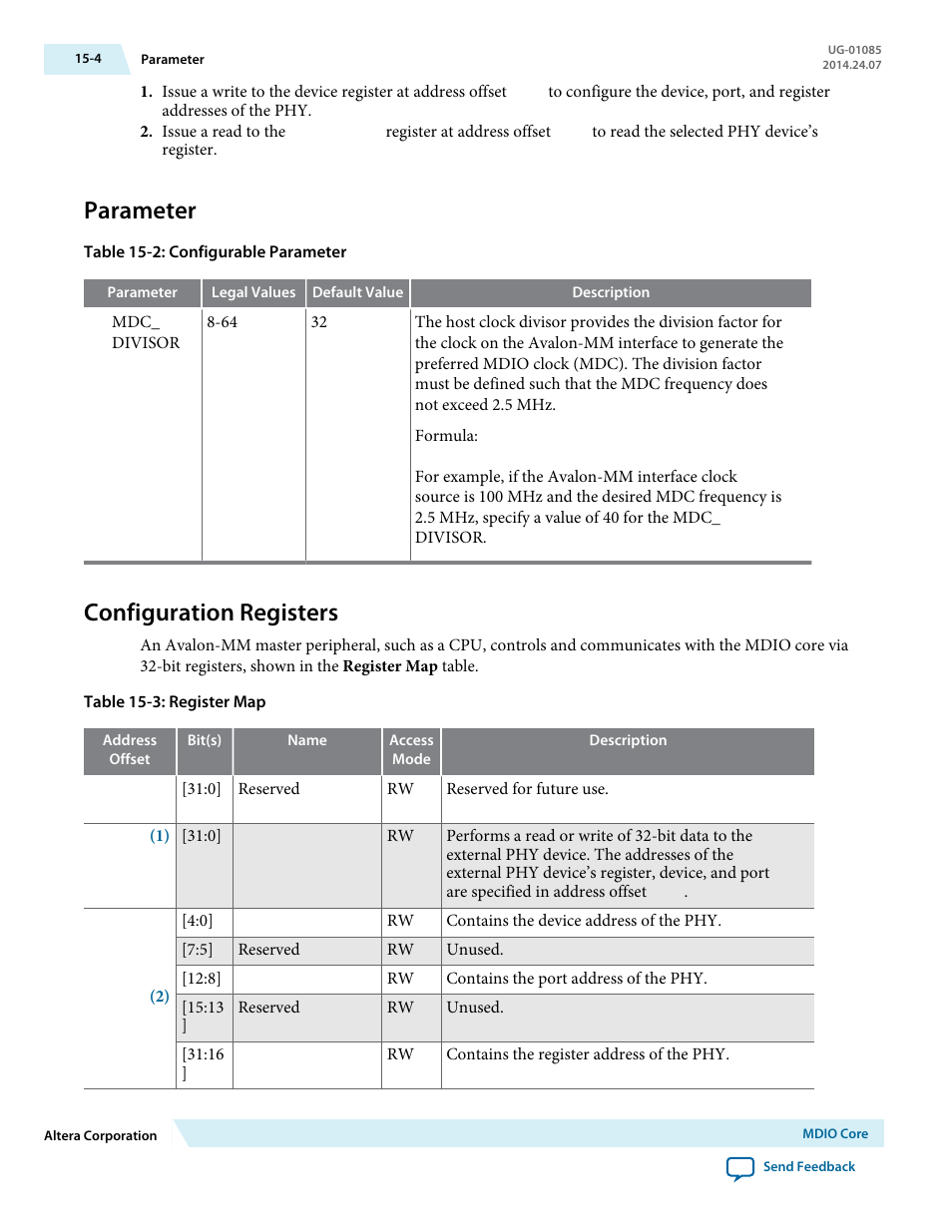 Parameter, Configuration registers, Parameter -4 | Configuration registers -4 | Altera Embedded Peripherals IP User Manual | Page 154 / 336
