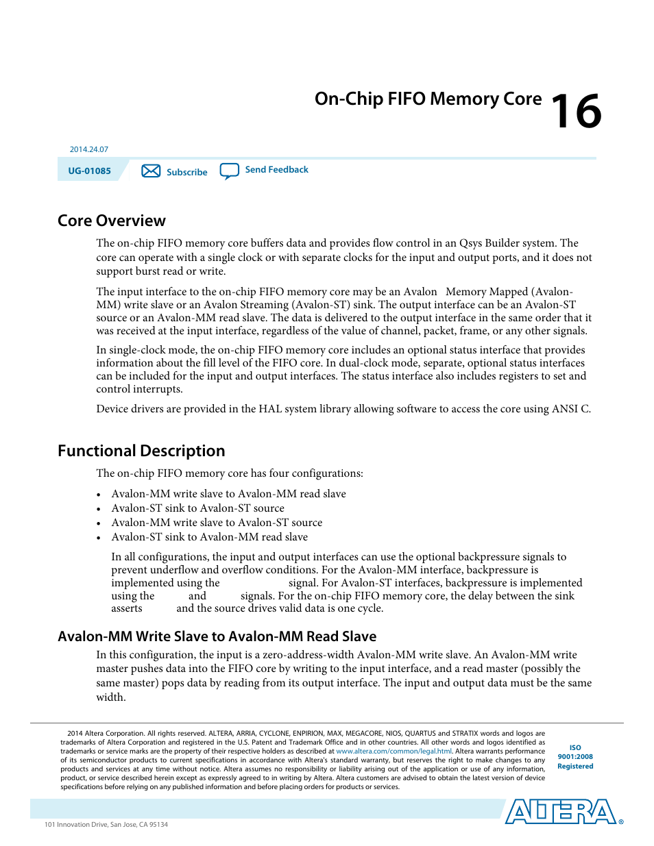 On-chip fifo memory core, Core overview, Functional description | Avalon-mm write slave to avalon-mm read slave, On-chip fifo memory core -1, Core overview -1, Functional description -1, Avalon-mm write slave to avalon-mm read slave -1 | Altera Embedded Peripherals IP User Manual | Page 156 / 336