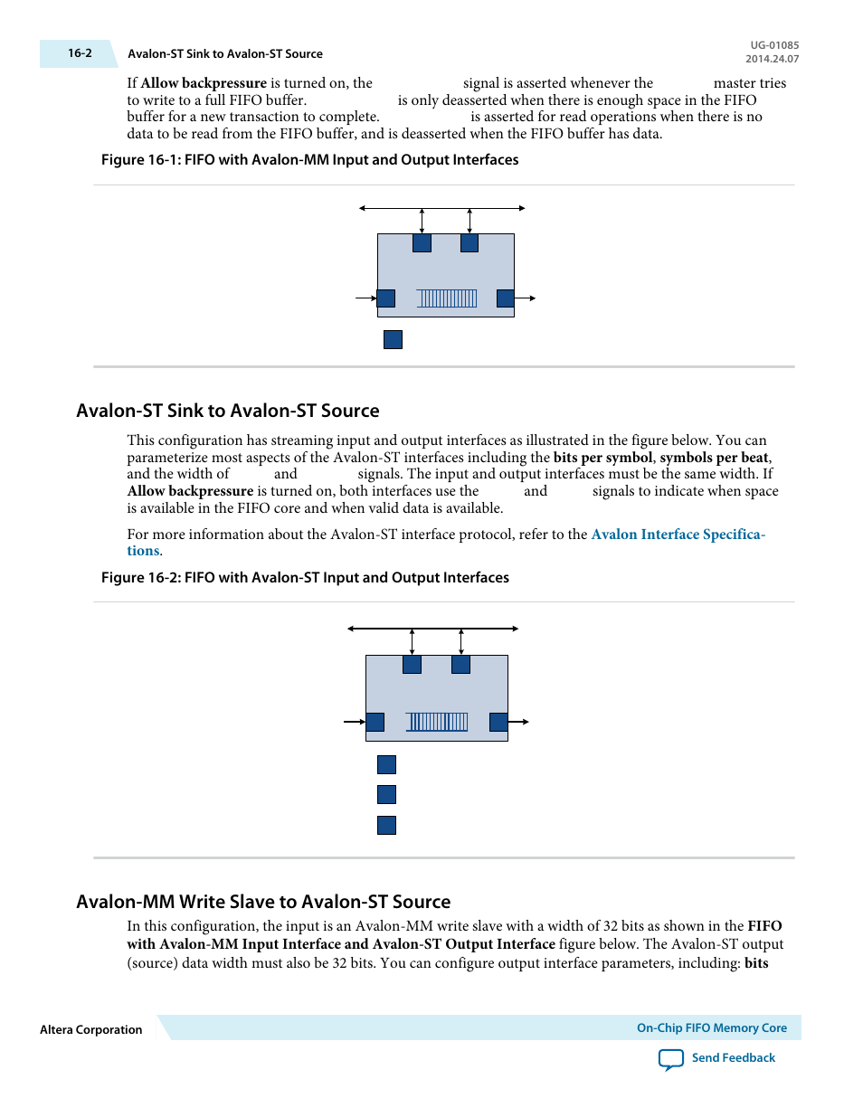 Avalon-st sink to avalon-st source, Avalon-mm write slave to avalon-st source, Avalon-st sink to avalon-st source -2 | Avalon-mm write slave to avalon-st source -2, If allow backpressure is turned on, the, Signal is asserted whenever the, Master tries to write to a full fifo buffer | Altera Embedded Peripherals IP User Manual | Page 157 / 336