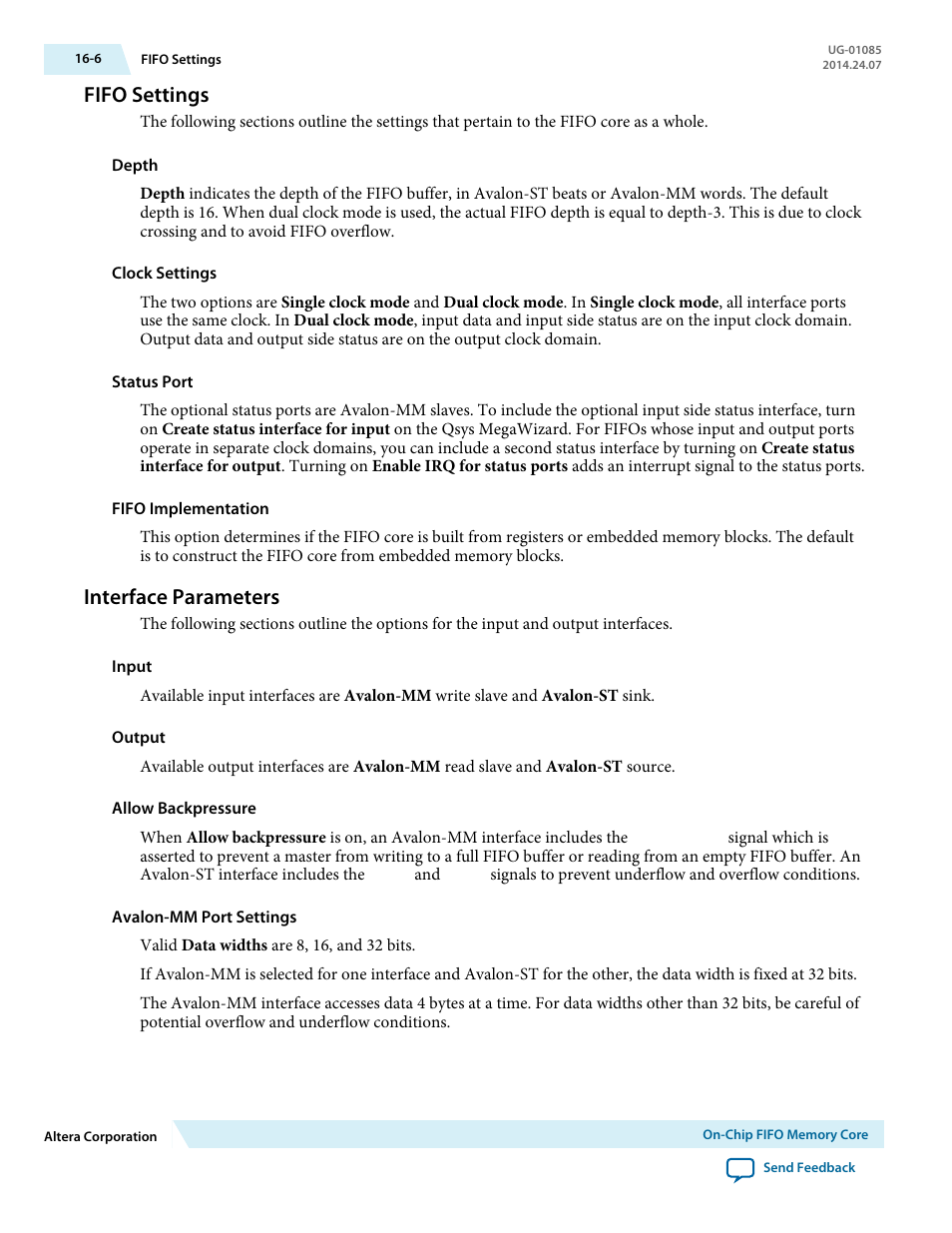 Fifo settings, Interface parameters, Fifo settings -6 | Interface parameters -6 | Altera Embedded Peripherals IP User Manual | Page 161 / 336