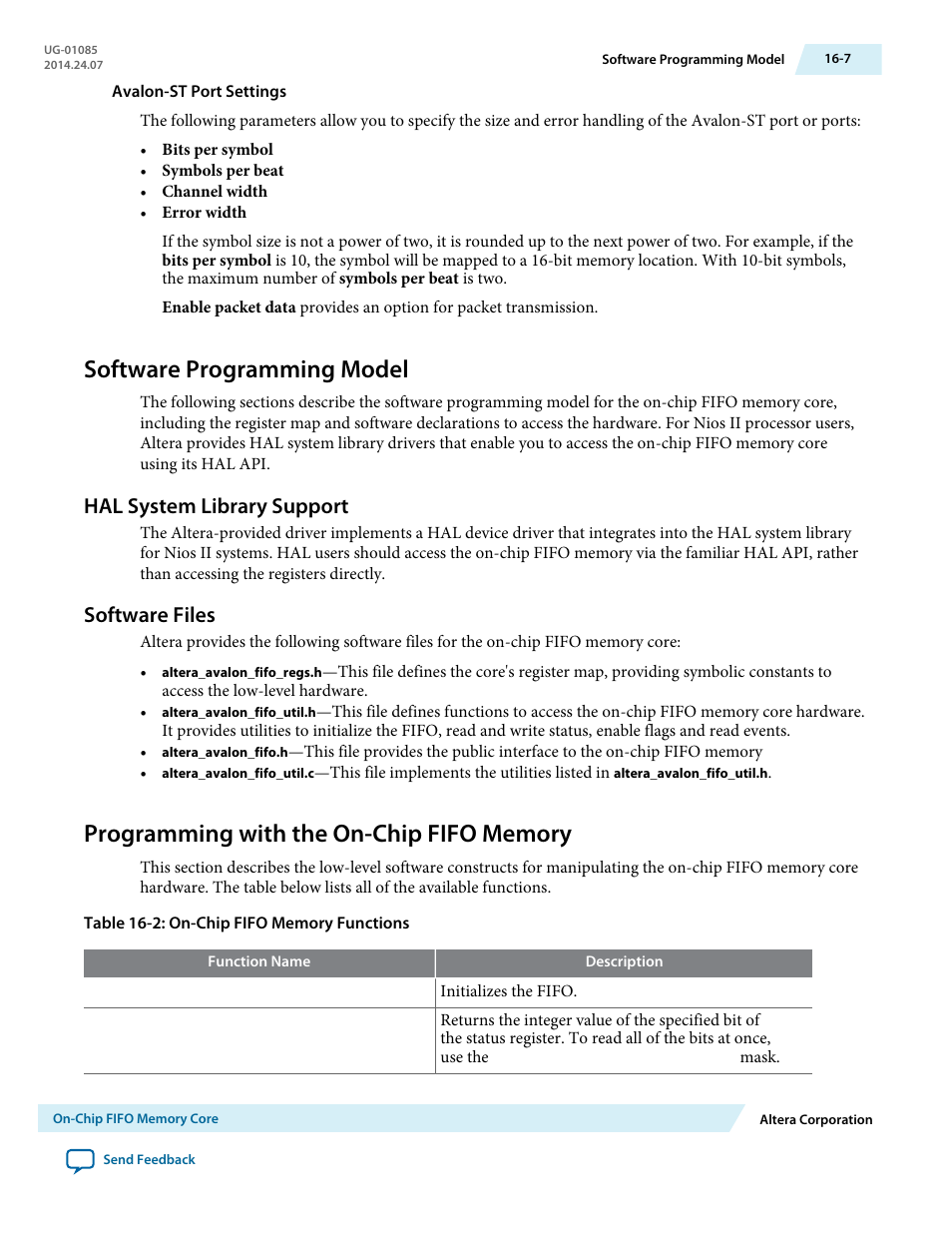 Software programming model, Hal system library support, Software files | Programming with the on-chip fifo memory, Software programming model -7, Hal system library support -7, Software files -7, Programming with the on-chip fifo memory -7 | Altera Embedded Peripherals IP User Manual | Page 162 / 336