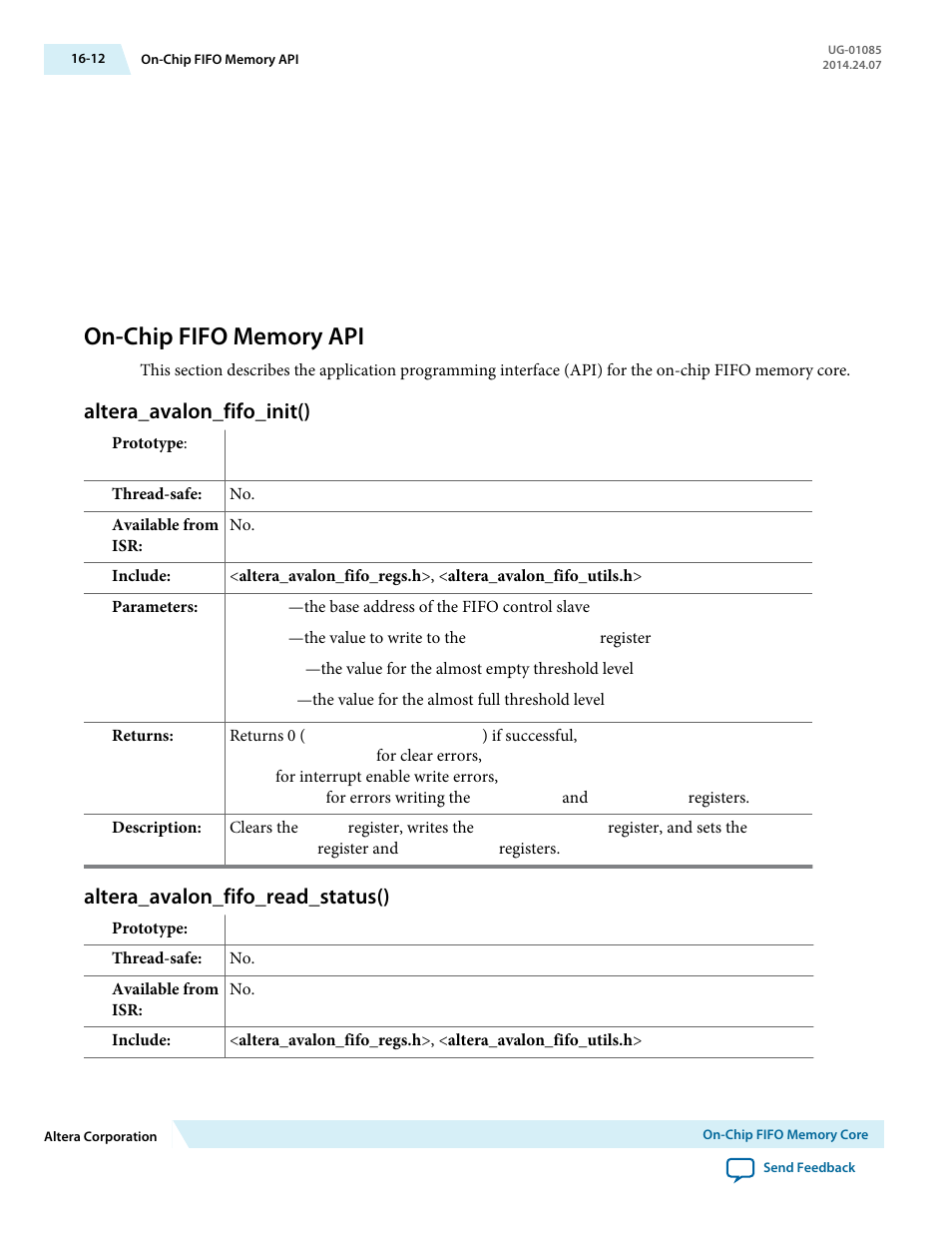 On-chip fifo memory api, Altera_avalon_fifo_init(), Altera_avalon_fifo_read_status() | On-chip fifo memory api -12, Altera_avalon_fifo_init() -12, Altera_avalon_fifo_read_status() -12 | Altera Embedded Peripherals IP User Manual | Page 167 / 336