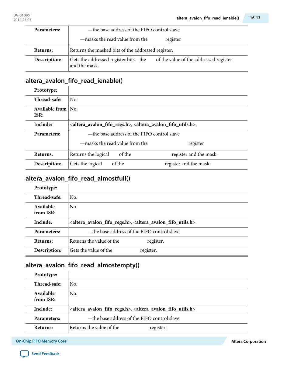 Altera_avalon_fifo_read_ienable(), Altera_avalon_fifo_read_almostfull(), Altera_avalon_fifo_read_almostempty() | Altera_avalon_fifo_read_ienable() -13, Altera_avalon_fifo_read_almostfull() -13, Altera_avalon_fifo_read_almostempty() -13 | Altera Embedded Peripherals IP User Manual | Page 168 / 336