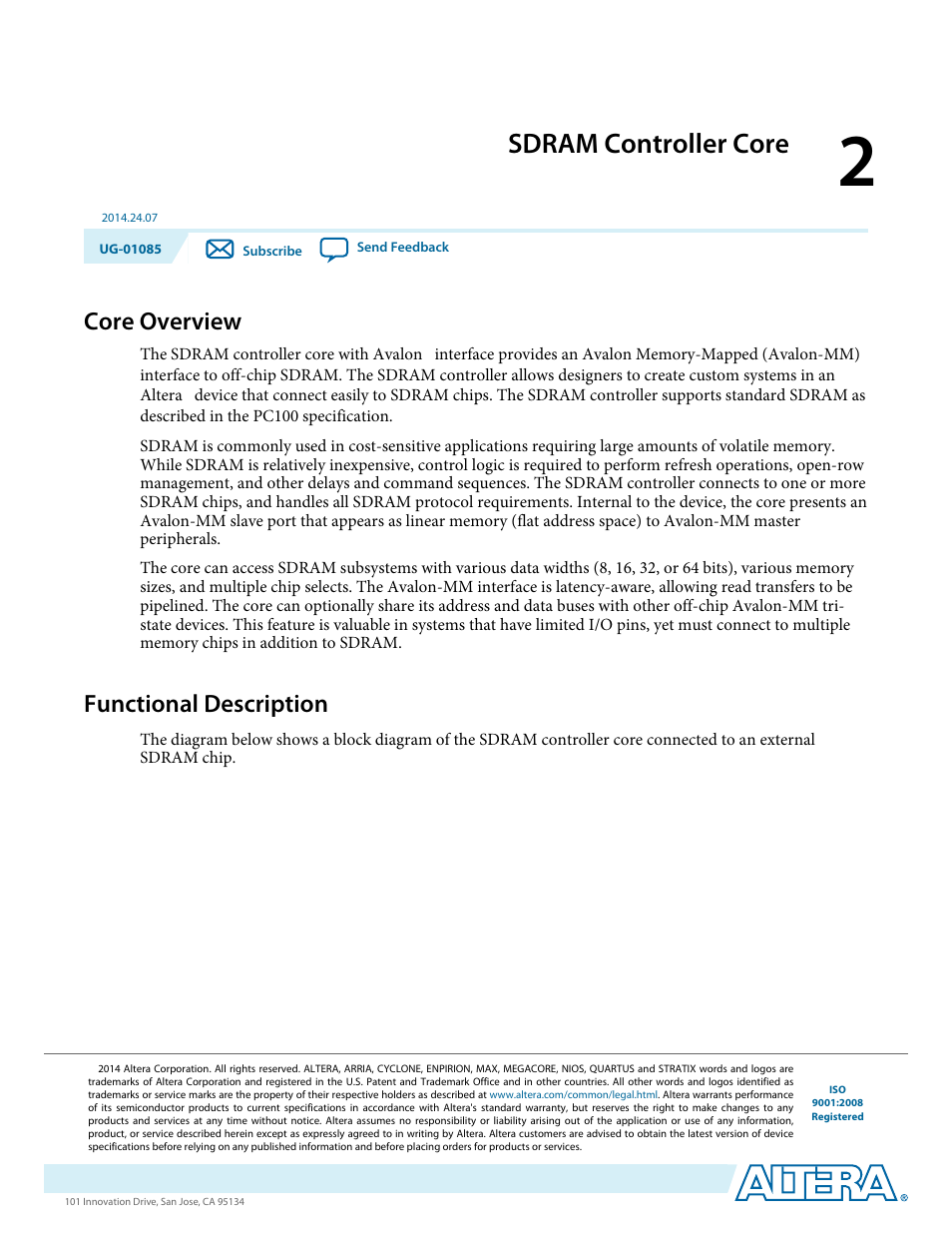 Sdram controller core, Core overview, Functional description | Sdram controller core -1, Core overview -1, Functional description -1 | Altera Embedded Peripherals IP User Manual | Page 17 / 336