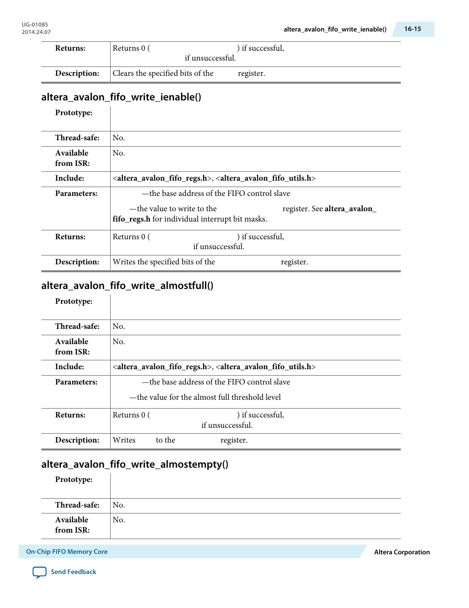 Altera_avalon_fifo_write_ienable(), Altera_avalon_fifo_write_almostfull(), Altera_avalon_fifo_write_almostempty() | Altera_avalon_fifo_write_ienable() -15, Altera_avalon_fifo_write_almostfull() -15, Altera_avalon_fifo_write_almostempty() -15 | Altera Embedded Peripherals IP User Manual | Page 170 / 336