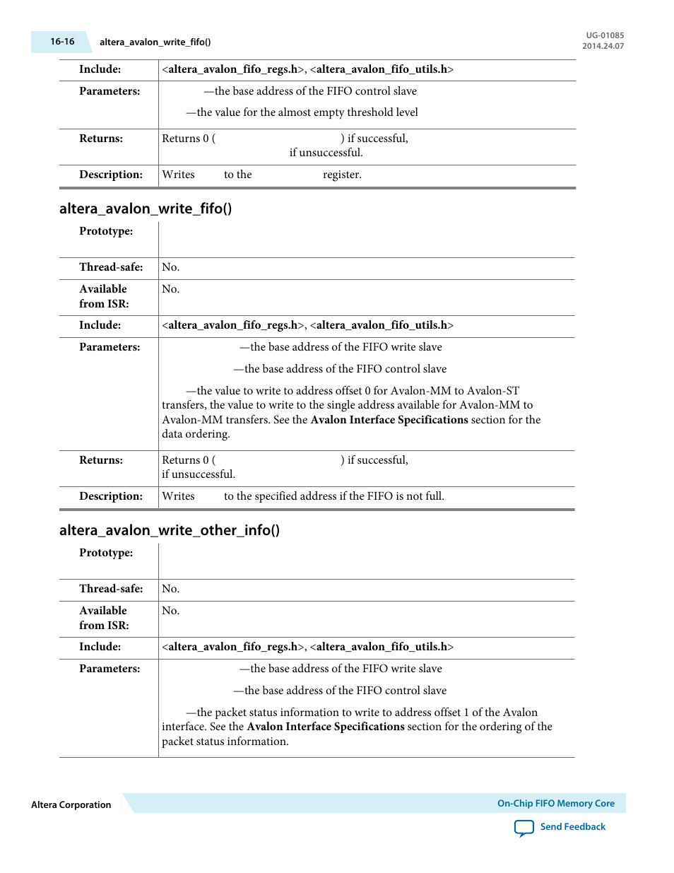 Altera_avalon_write_fifo(), Altera_avalon_write_other_info(), Altera_avalon_write_fifo() -16 | Altera_avalon_write_other_info() -16 | Altera Embedded Peripherals IP User Manual | Page 171 / 336