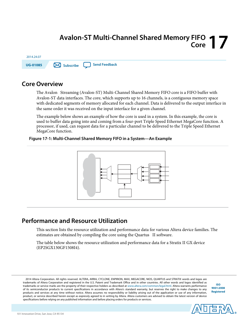 Avalon-st multi-channel shared memory fifo core, Core overview, Performance and resource utilization | Avalon-st multi-channel shared memory fifo core -1, Core overview -1, Performance and resource utilization -1, The avalon | Altera Embedded Peripherals IP User Manual | Page 174 / 336