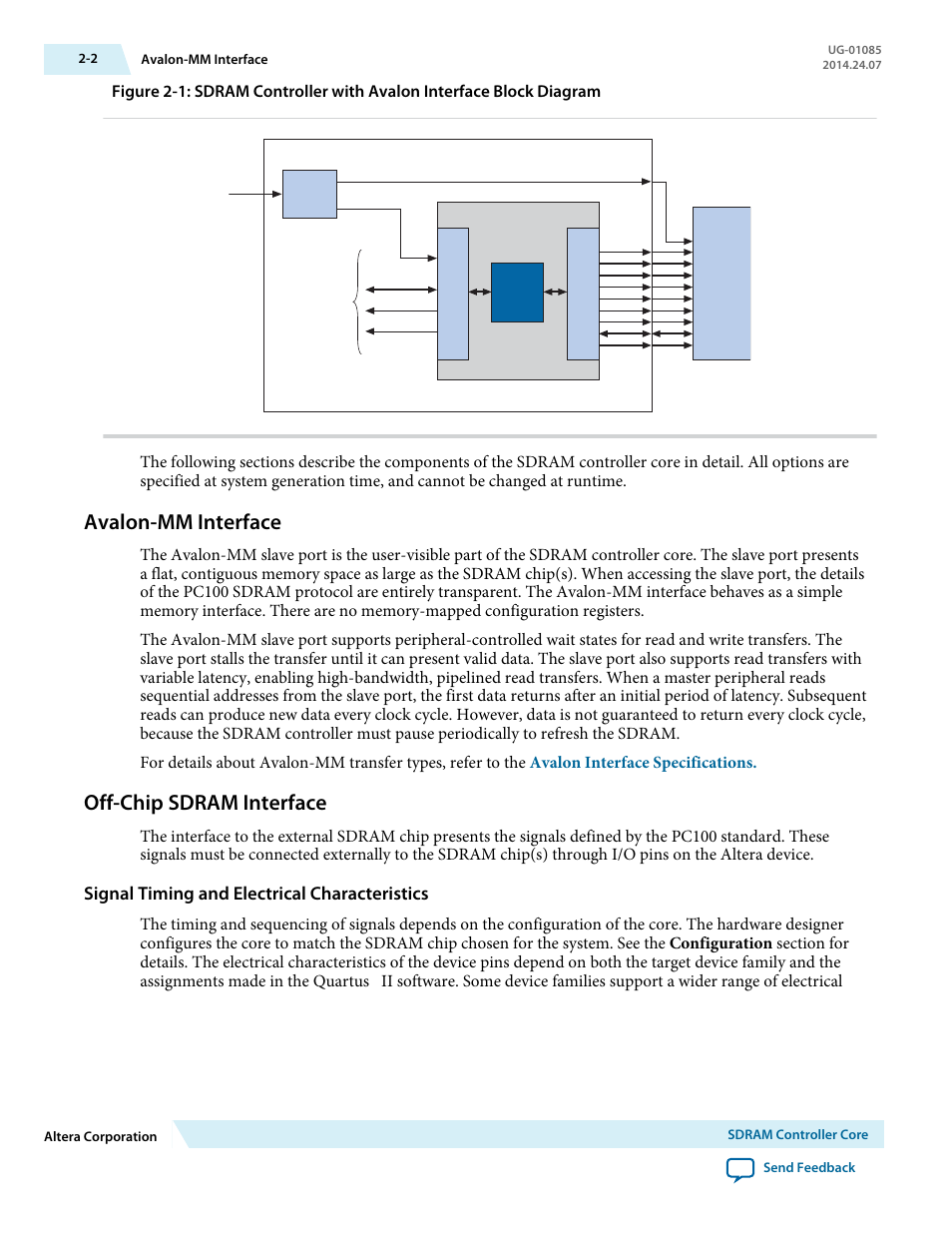 Avalon-mm interface, Off-chip sdram interface, Signal timing and electrical characteristics | Avalon-mm interface -2, Off-chip sdram interface -2 | Altera Embedded Peripherals IP User Manual | Page 18 / 336