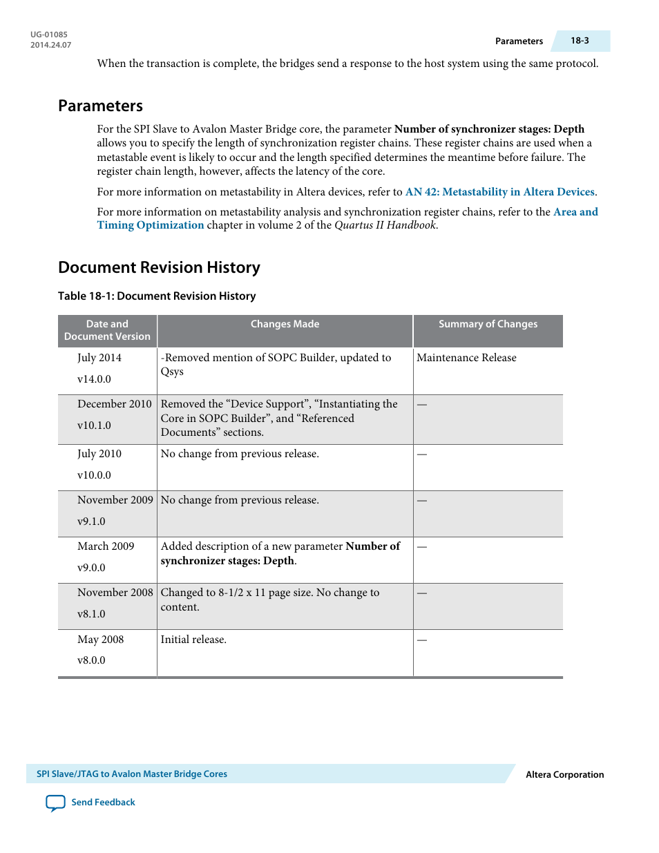 Parameters, Document revision history, Parameters -3 | Document revision history -3 | Altera Embedded Peripherals IP User Manual | Page 184 / 336