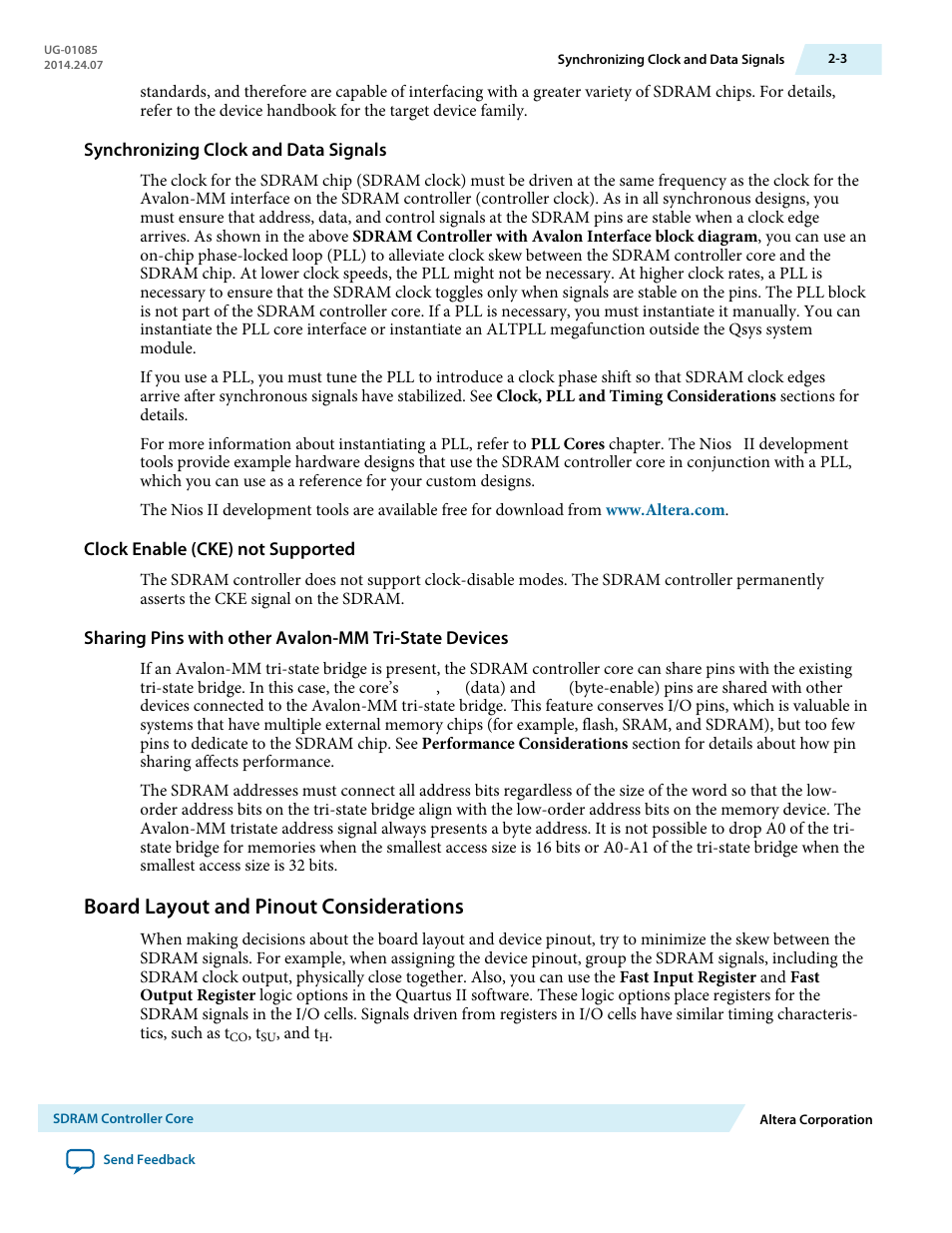Synchronizing clock and data signals, Clock enable (cke) not supported, Board layout and pinout considerations | Board layout and pinout considerations -3 | Altera Embedded Peripherals IP User Manual | Page 19 / 336