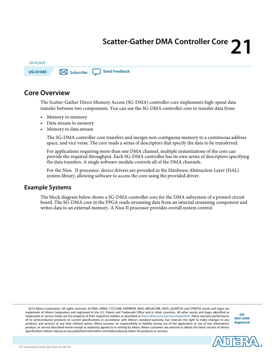 Scatter-gather dma controller core, Core overview, Example systems | Scatter-gather dma controller core -1, Core overview -1, Example systems -1 | Altera Embedded Peripherals IP User Manual | Page 192 / 336