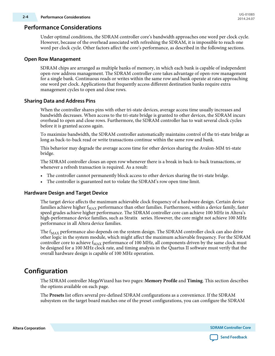 Performance considerations, Open row management, Sharing data and address pins | Hardware design and target device, Configuration, Performance considerations -4, Configuration -4 | Altera Embedded Peripherals IP User Manual | Page 20 / 336
