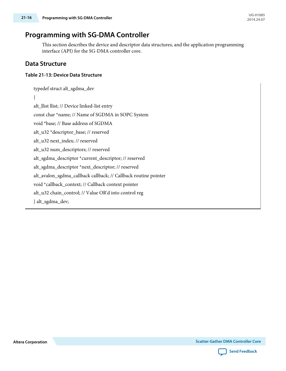Programming with sg-dma controller, Data structure, Programming with sg-dma controller -16 | Data structure -16 | Altera Embedded Peripherals IP User Manual | Page 207 / 336