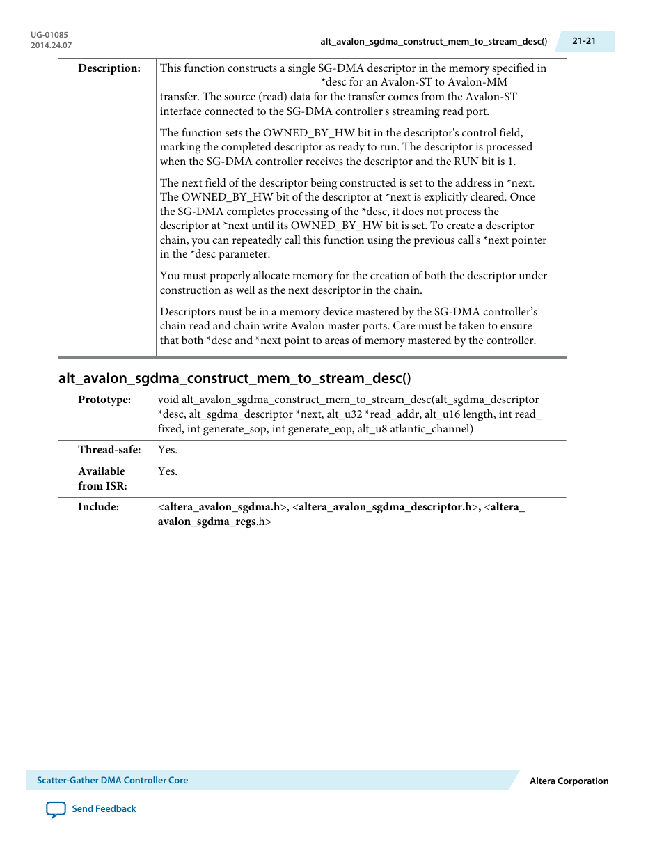 Alt_avalon_sgdma_construct_mem_to_stream_desc() | Altera Embedded Peripherals IP User Manual | Page 212 / 336