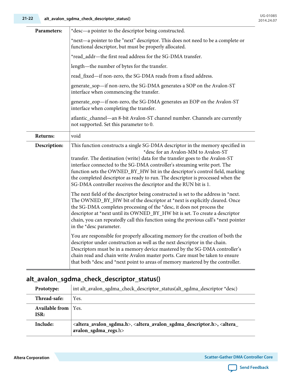 Alt_avalon_sgdma_check_descriptor_status(), Alt_avalon_sgdma_check_descriptor_status() -22 | Altera Embedded Peripherals IP User Manual | Page 213 / 336