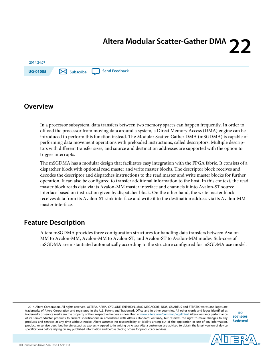 Altera modular scatter-gather dma, Overview, Feature description | Altera modular scatter-gather dma -1, Overview -1, Feature description -1 | Altera Embedded Peripherals IP User Manual | Page 217 / 336