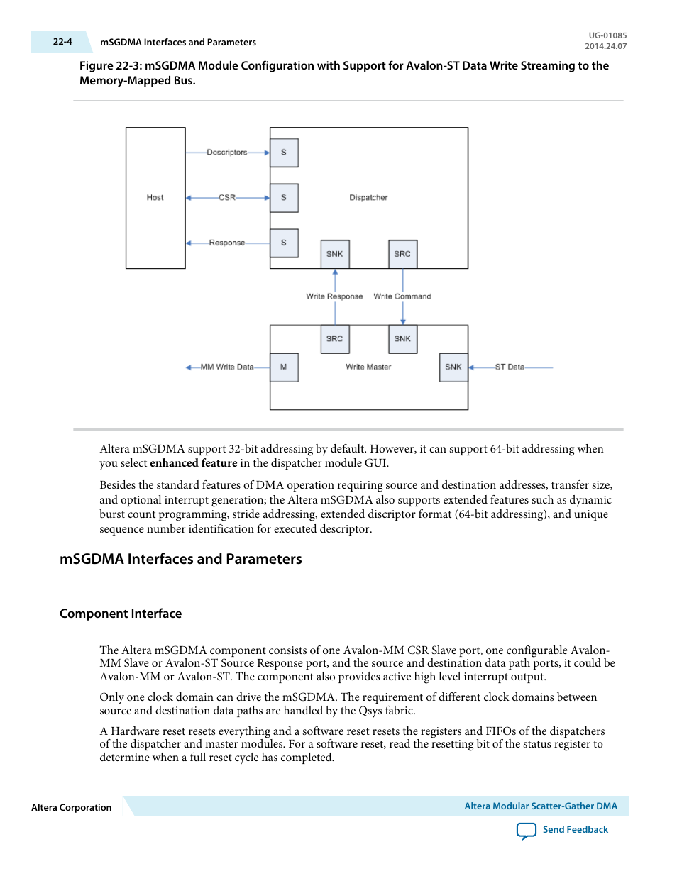 Msgdma interfaces and parameters, Component interface, Msgdma interfaces and parameters -4 | Altera Embedded Peripherals IP User Manual | Page 220 / 336