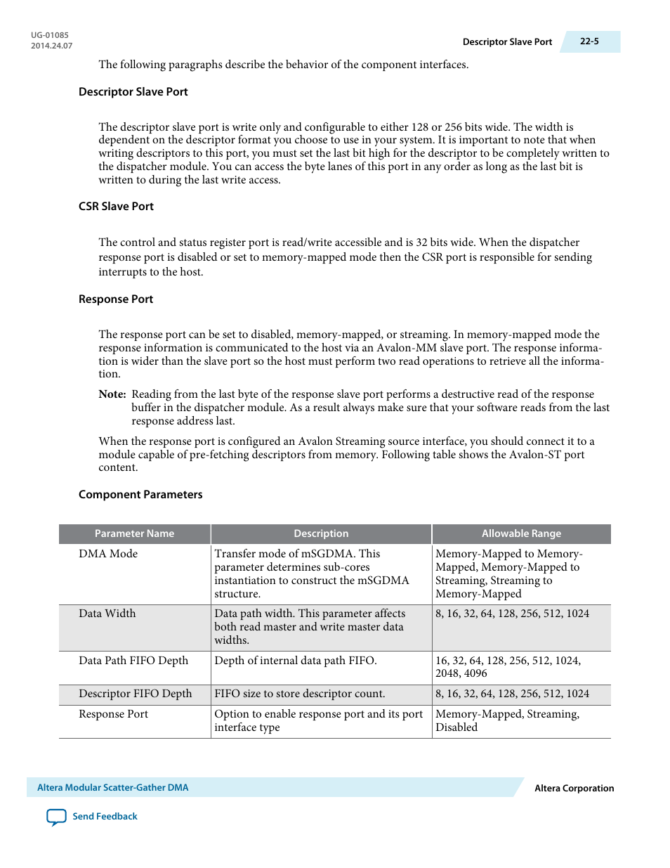 Descriptor slave port, Csr slave port, Response port | Component parameters | Altera Embedded Peripherals IP User Manual | Page 221 / 336