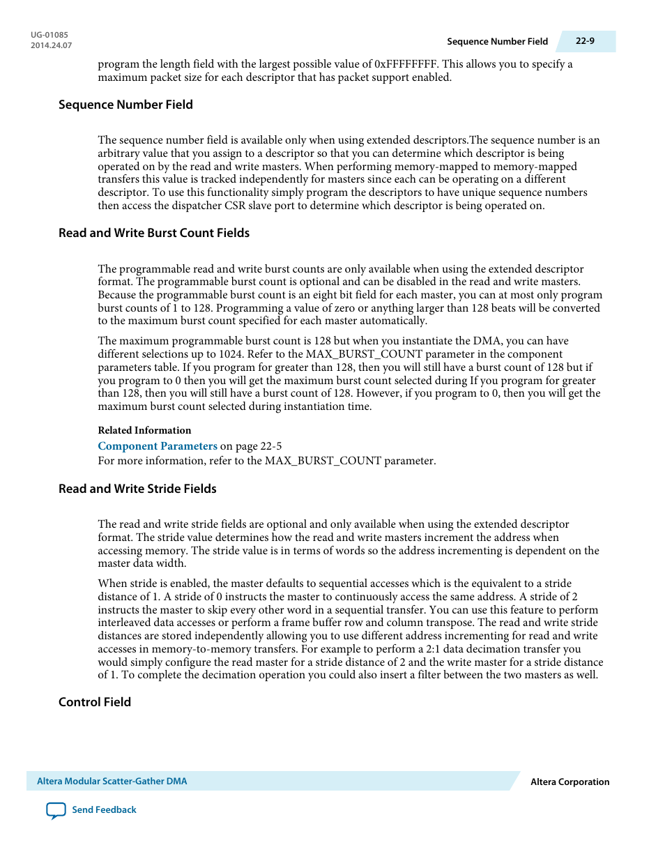 Sequence number field, Read and write burst count fields, Read and write stride fields | Control field | Altera Embedded Peripherals IP User Manual | Page 225 / 336